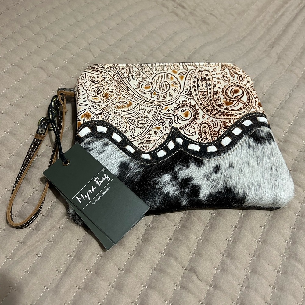 Myra Bag Brown Paisley and Cowhide Wristlet